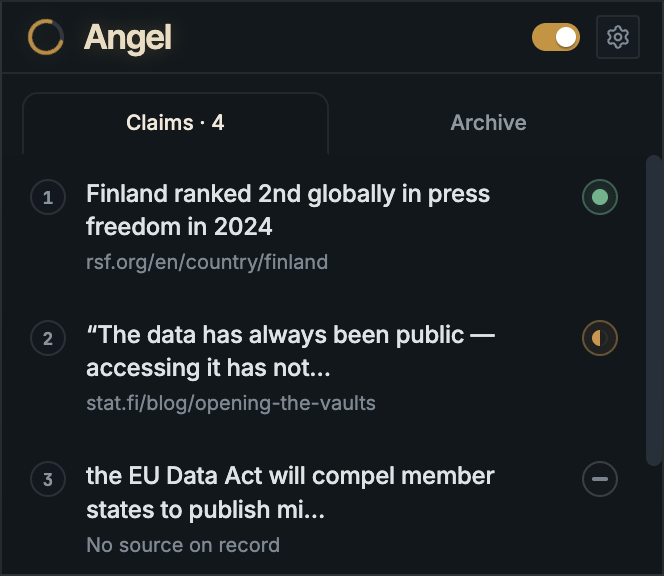 Angel browser extension showing a claim list and archive tab