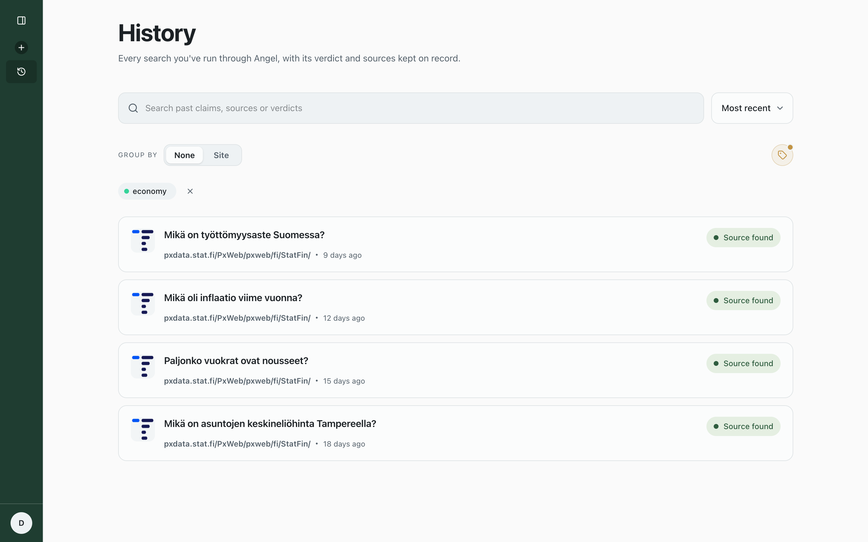 Angel history screen with saved searches filtered by tag